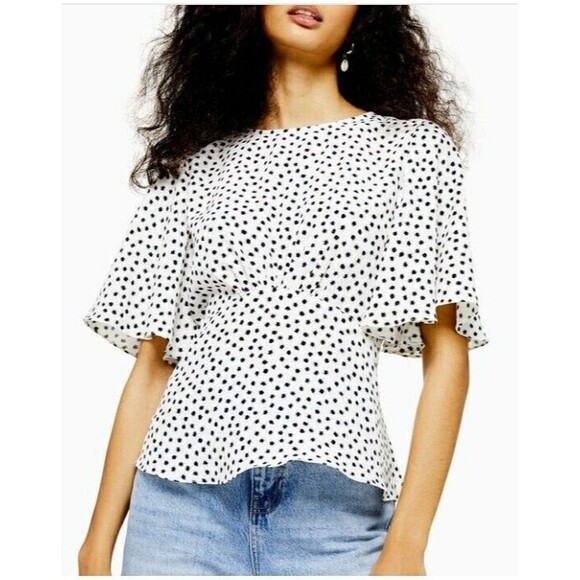 Topshop Black and White Polka Dot Cinch Waist Boho Wide Sleeves Size 8 - Picture 2 of 11